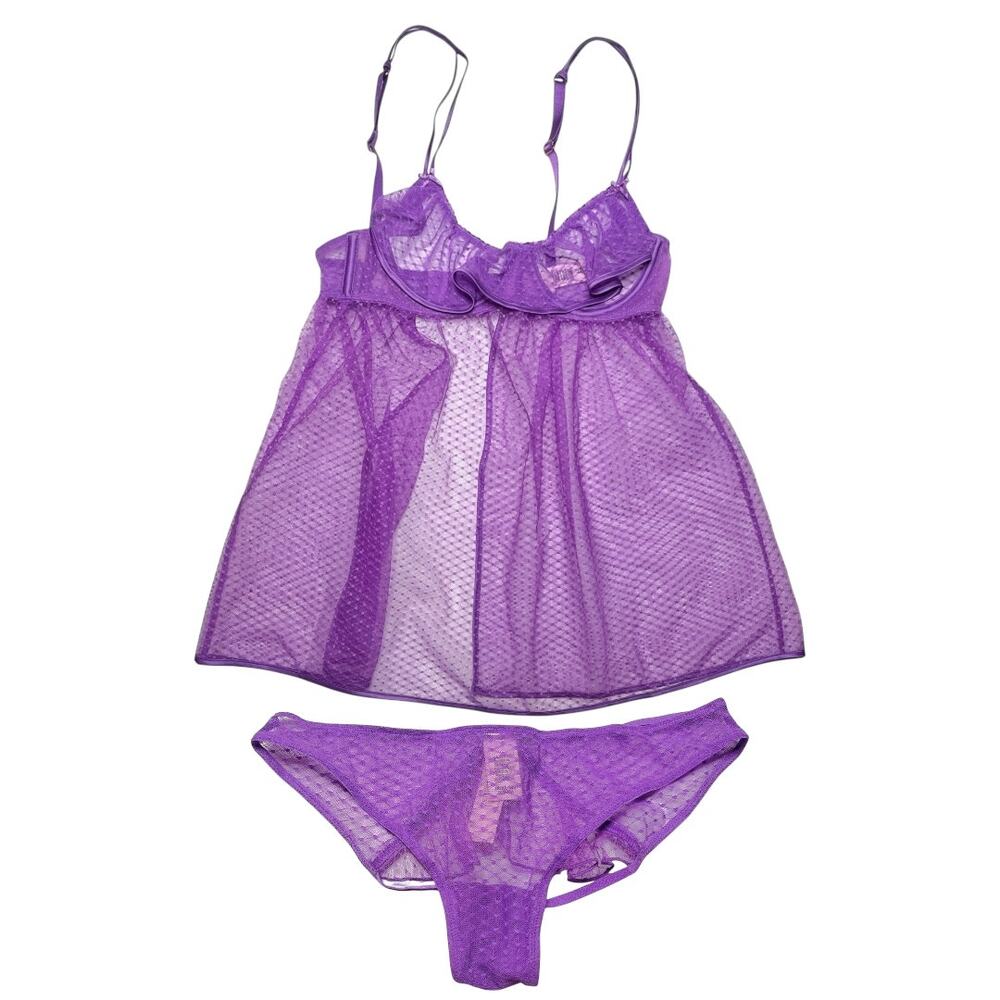 Victoria's Secret Peekaboo Mesh Open-Cup Babydoll Set Purple Tease Size Small